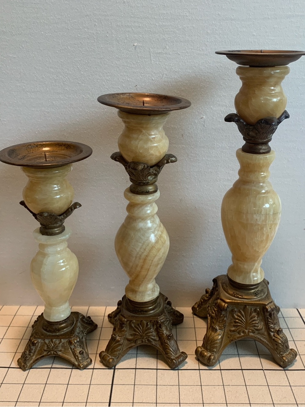 Vintage Hollywood Regency Alabaster & Gilt Metal Pillar Candle Holders -Set of 3